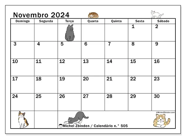 Calendário n.° 505 para novembro de 2024, que pode ser impresso gratuitamente. Semana:  De domingo a sábado.