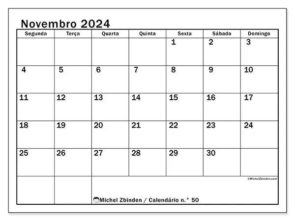 Calendário n.° 50 para novembro de 2024, que pode ser impresso gratuitamente. Semana:  Segunda-feira a domingo.