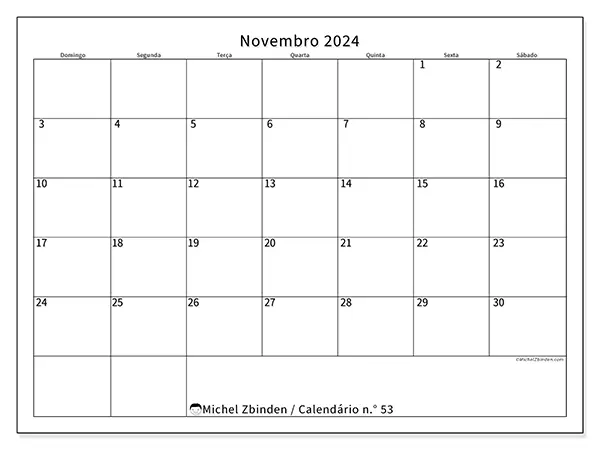 Calendário n.° 53 para novembro de 2024, que pode ser impresso gratuitamente. Semana:  De domingo a sábado.