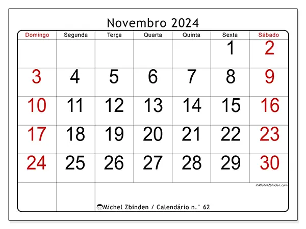 Calendário n.° 62 gratuito para imprimir, novembro 2025. Semana:  De domingo a sábado