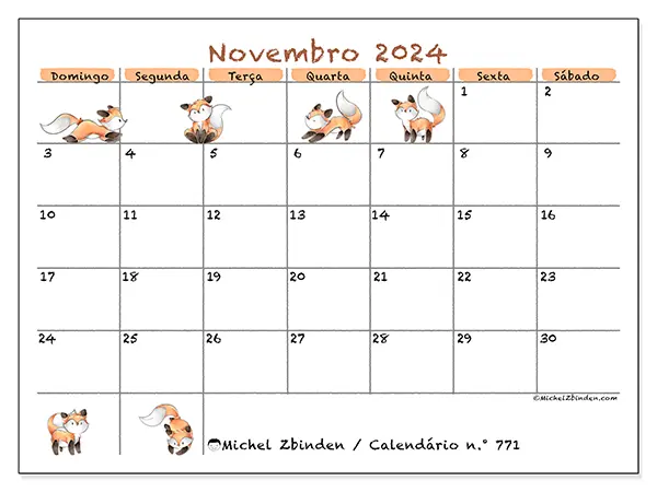 Calendário n.° 771 para novembro de 2024, que pode ser impresso gratuitamente. Semana:  De domingo a sábado.