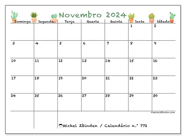 Calendário n.° 772 para novembro de 2024, que pode ser impresso gratuitamente. Semana:  De domingo a sábado.