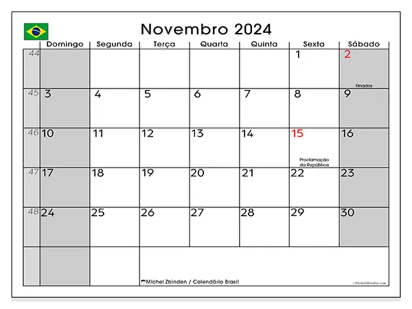 Calendário Brasil para novembro de 2024, que pode ser impresso gratuitamente. Semana:  De domingo a sábado.