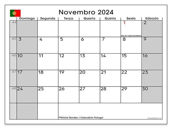 Calendário Portugal para novembro de 2024, que pode ser impresso gratuitamente. Semana:  De domingo a sábado.