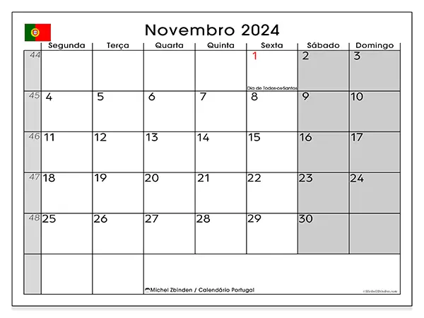 Calendário Portugal para novembro de 2024, que pode ser impresso gratuitamente. Semana:  Segunda-feira a domingo.