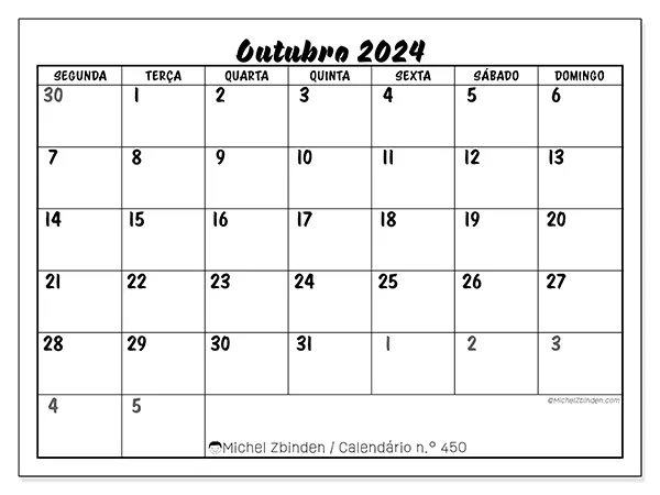 Calendário n.° 450 para outubro de 2024, que pode ser impresso gratuitamente. Semana:  Segunda-feira a domingo.