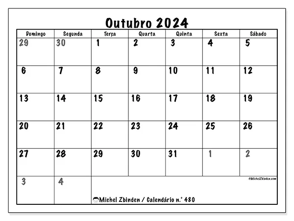 Calendário n.° 480 para outubro de 2024, que pode ser impresso gratuitamente. Semana:  De domingo a sábado.