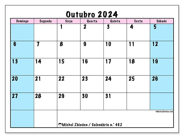 Calendário n.° 482 para outubro de 2024, que pode ser impresso gratuitamente. Semana:  De domingo a sábado.