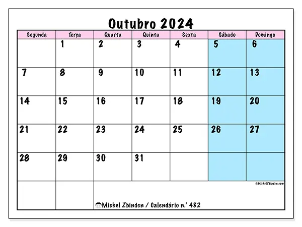 Calendário n.° 482 para outubro de 2024, que pode ser impresso gratuitamente. Semana:  Segunda-feira a domingo.