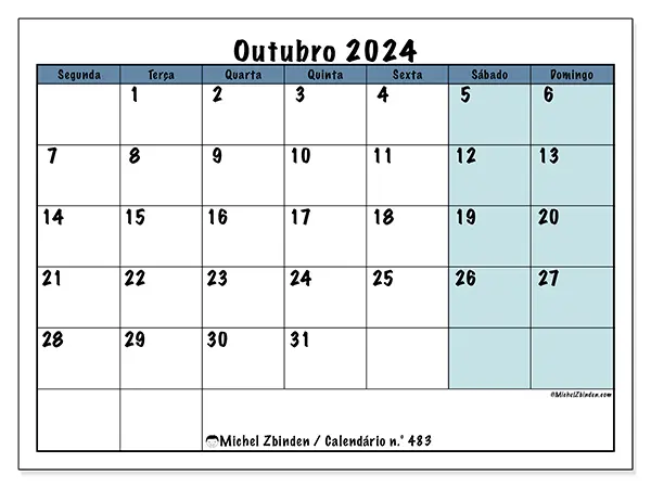 Calendário n.° 483 para outubro de 2024, que pode ser impresso gratuitamente. Semana:  Segunda-feira a domingo.