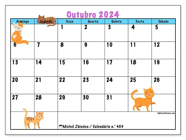 Calendário n.° 484 para outubro de 2024, que pode ser impresso gratuitamente. Semana:  De domingo a sábado.