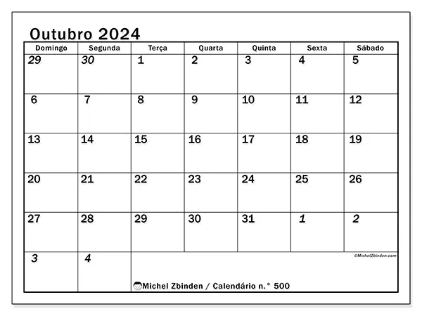 Calendário n.° 500 para outubro de 2024, que pode ser impresso gratuitamente. Semana:  De domingo a sábado.