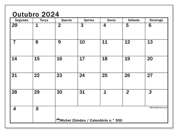 Calendário n.° 500 para outubro de 2024, que pode ser impresso gratuitamente. Semana:  Segunda-feira a domingo.