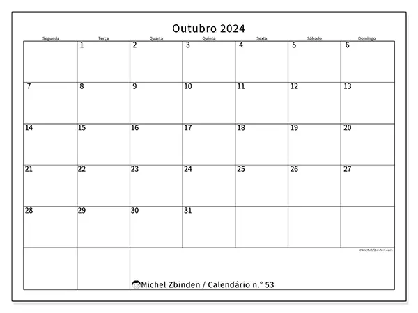 Calendário n.° 53 para outubro de 2024, que pode ser impresso gratuitamente. Semana:  Segunda-feira a domingo.