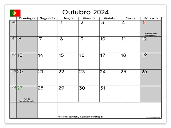 Calendário Portugal para outubro de 2024, que pode ser impresso gratuitamente. Semana:  De domingo a sábado.