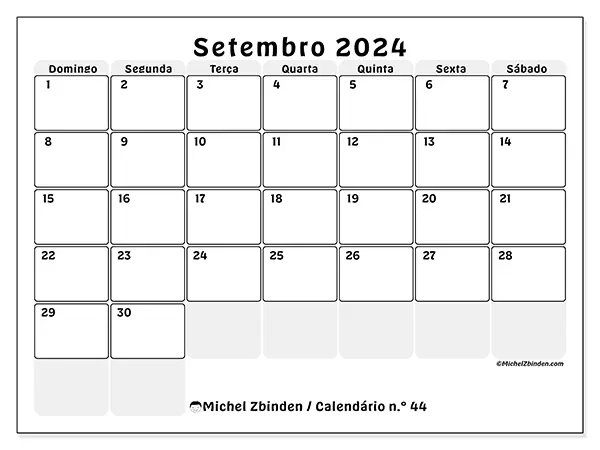 Calendário n.° 44 para setembro de 2024, que pode ser impresso gratuitamente. Semana:  De domingo a sábado.