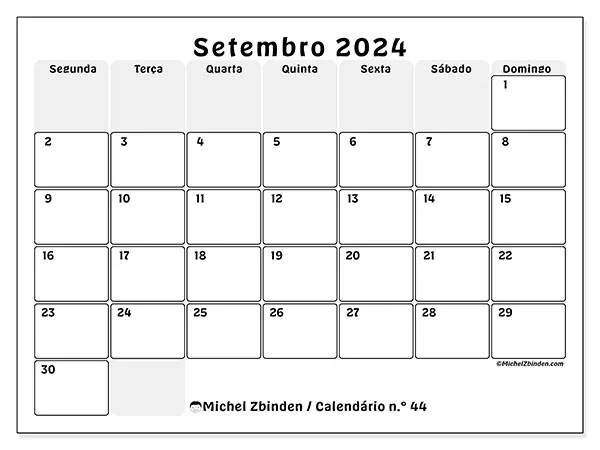 Calendário n.° 44 para setembro de 2024, que pode ser impresso gratuitamente. Semana:  Segunda-feira a domingo.
