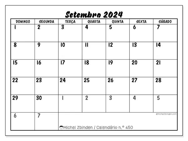 Calendário n.° 450 para setembro de 2024, que pode ser impresso gratuitamente. Semana:  De domingo a sábado.
