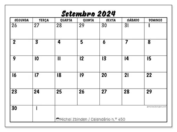 Calendário n.° 450 para setembro de 2024, que pode ser impresso gratuitamente. Semana:  Segunda-feira a domingo.