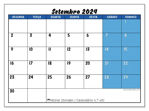 Calendário n.° 451 para setembro de 2024, que pode ser impresso gratuitamente. Semana:  Segunda-feira a domingo.