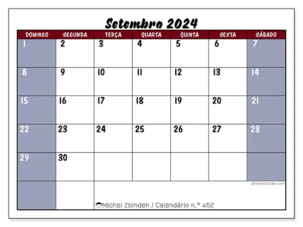 Calendário n.° 452 para setembro de 2024, que pode ser impresso gratuitamente. Semana:  De domingo a sábado.