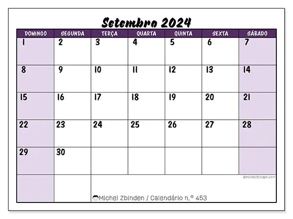 Calendário n.° 453 para setembro de 2024, que pode ser impresso gratuitamente. Semana:  De domingo a sábado.