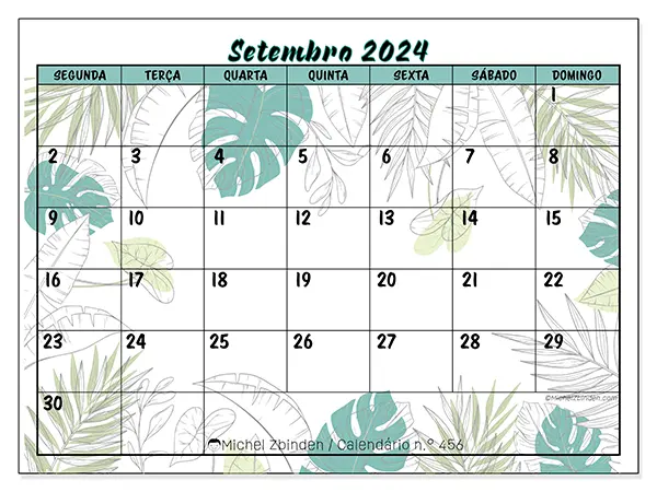 Calendário n.° 456 para setembro de 2024, que pode ser impresso gratuitamente. Semana:  Segunda-feira a domingo.