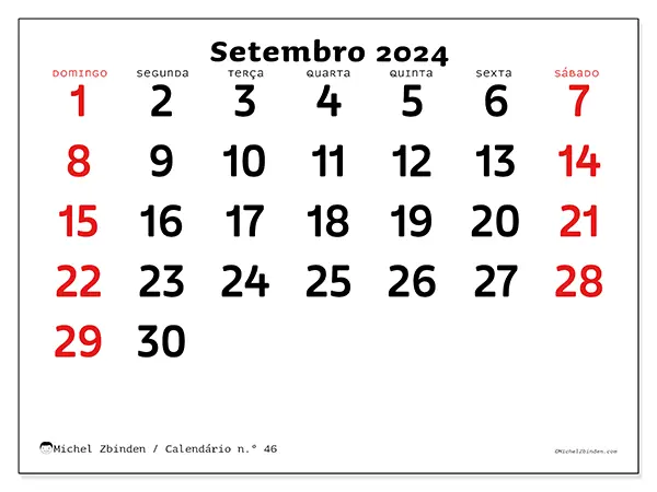 Calendário n.° 46 para setembro de 2024, que pode ser impresso gratuitamente. Semana:  De domingo a sábado.