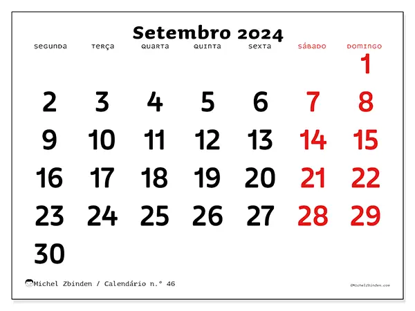 Calendário n.° 46 para setembro de 2024, que pode ser impresso gratuitamente. Semana:  Segunda-feira a domingo.