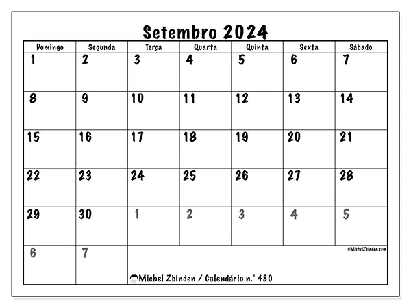 Calendário n.° 480 para setembro de 2024, que pode ser impresso gratuitamente. Semana:  De domingo a sábado.