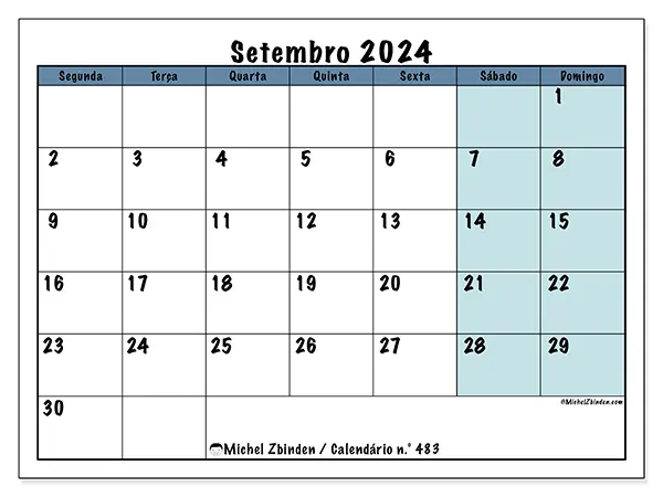 Calendário n.° 483 para setembro de 2024, que pode ser impresso gratuitamente. Semana:  Segunda-feira a domingo.