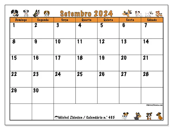 Calendário n.° 485 para setembro de 2024, que pode ser impresso gratuitamente. Semana:  De domingo a sábado.