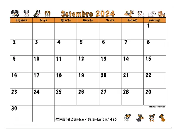 Calendário n.° 485 para setembro de 2024, que pode ser impresso gratuitamente. Semana:  Segunda-feira a domingo.