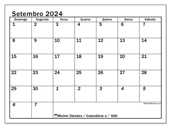 Calendário n.° 500 para setembro de 2024, que pode ser impresso gratuitamente. Semana:  De domingo a sábado.