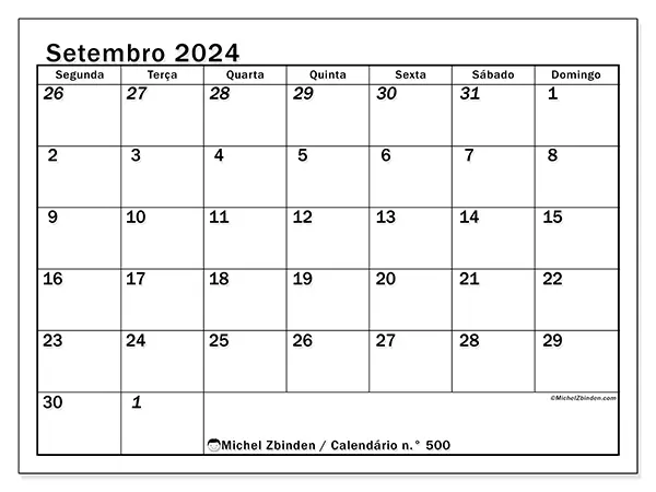 Calendário n.° 500 para setembro de 2024, que pode ser impresso gratuitamente. Semana:  Segunda-feira a domingo.