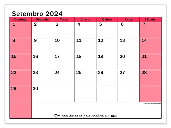 Calendário n.° 502 para setembro de 2024, que pode ser impresso gratuitamente. Semana:  De domingo a sábado.