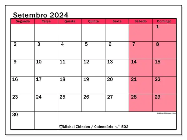 Calendário n.° 502 para setembro de 2024, que pode ser impresso gratuitamente. Semana:  Segunda-feira a domingo.
