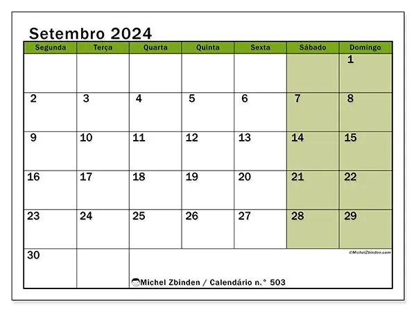 Calendário para imprimir n.° 503 para setembro de 2024. Semana: Segunda-feira a domingo.