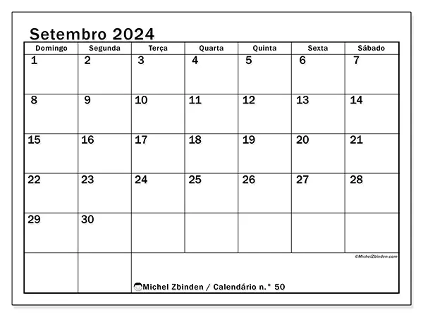 Calendário n.° 50 para setembro de 2024, que pode ser impresso gratuitamente. Semana:  De domingo a sábado.
