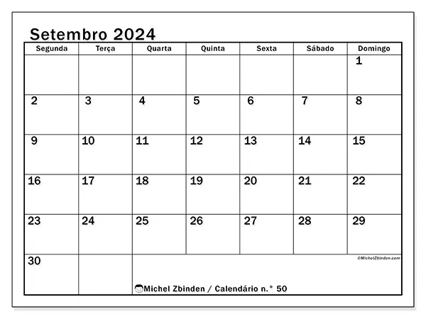 Calendário n.° 50 para setembro de 2024, que pode ser impresso gratuitamente. Semana:  Segunda-feira a domingo.