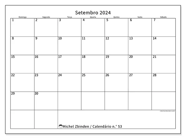 Calendário n.° 53 para setembro de 2024, que pode ser impresso gratuitamente. Semana:  De domingo a sábado.