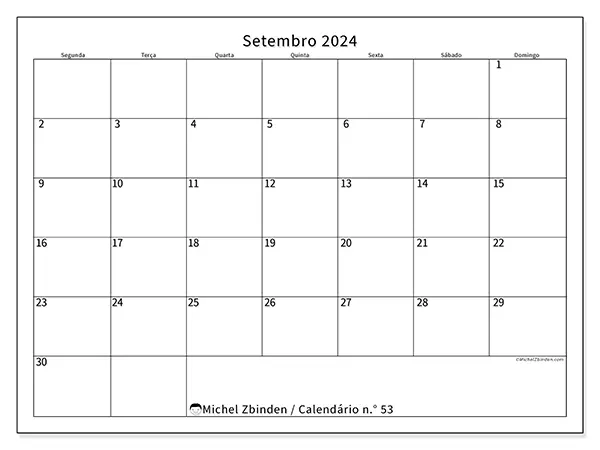 Calendário n.° 53 para setembro de 2024, que pode ser impresso gratuitamente. Semana:  Segunda-feira a domingo.
