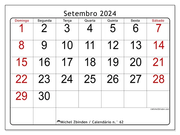 Calendário n.° 62 para setembro de 2024, que pode ser impresso gratuitamente. Semana:  De domingo a sábado.
