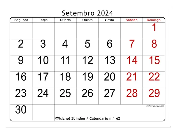 Calendário n.° 62 para setembro de 2024, que pode ser impresso gratuitamente. Semana:  Segunda-feira a domingo.