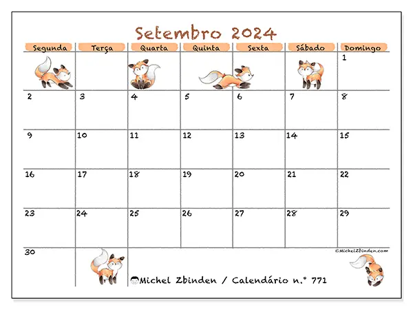 Calendário n.° 771 para setembro de 2024, que pode ser impresso gratuitamente. Semana:  Segunda-feira a domingo.