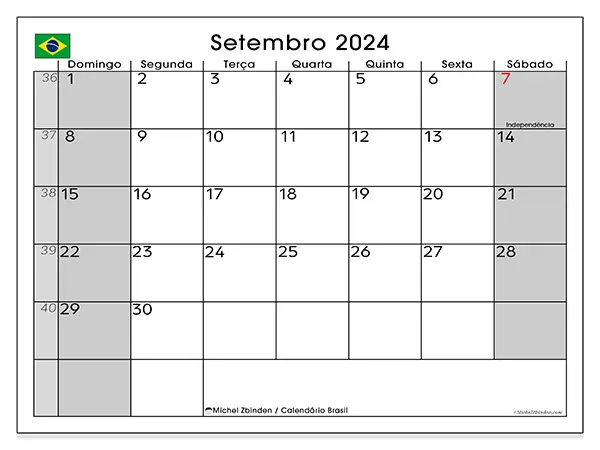 Calendário Brasil para setembro de 2024, que pode ser impresso gratuitamente. Semana:  De domingo a sábado.