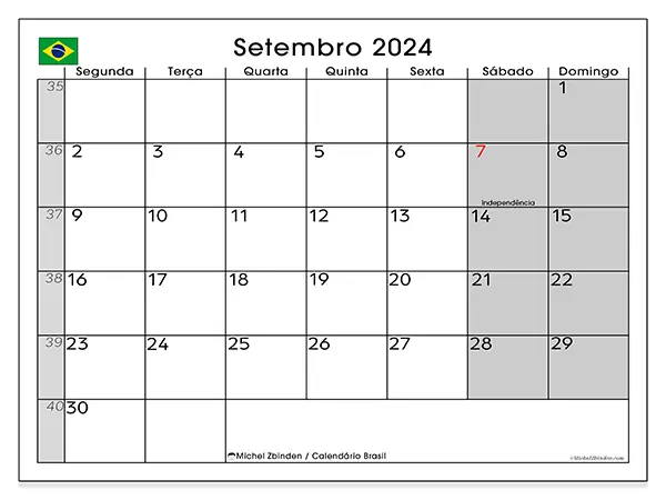 Calendário Brasil para setembro de 2024, que pode ser impresso gratuitamente. Semana:  Segunda-feira a domingo.