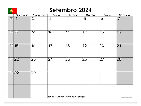 Calendário Portugal para setembro de 2024, que pode ser impresso gratuitamente. Semana:  De domingo a sábado.