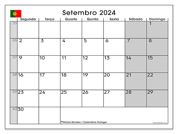 Calendário Portugal para setembro de 2024, que pode ser impresso gratuitamente. Semana:  Segunda-feira a domingo.