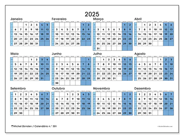 Calendário Azul Aço para 2025 para imprimir gratuitamente. A semana: Segunda-feira a domingo.